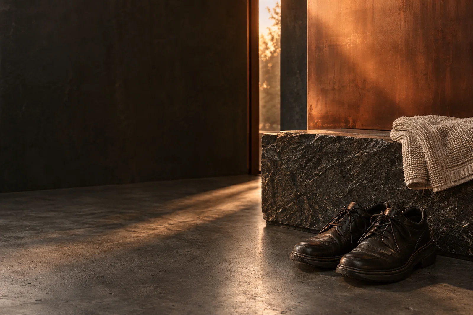 Warm morning light falling across dark stone, walking shoes and a folded towel